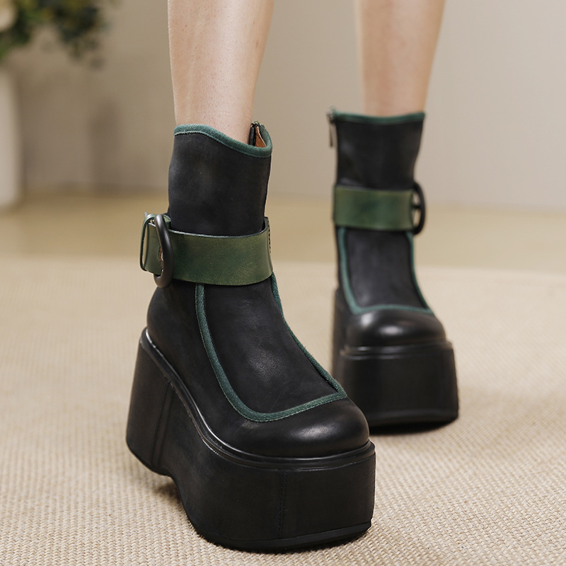 Genuine Leather Color-Block Thick Sole Mid-Calf Boots