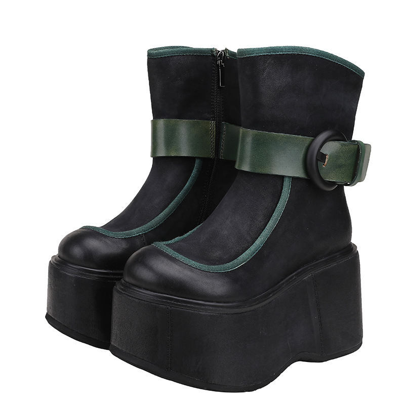 Genuine Leather Color-Block Thick Sole Mid-Calf Boots