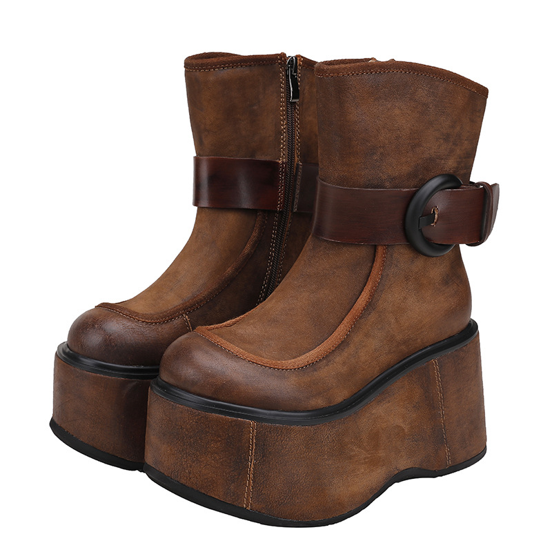 Genuine Leather Color-Block Thick Sole Mid-Calf Boots