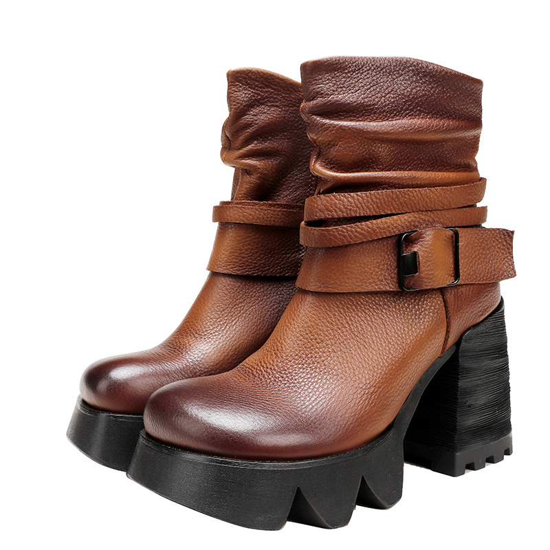 Height-Increasing Vintage Genuine Leather Chunky Heel Martin Boots for Petite Frames