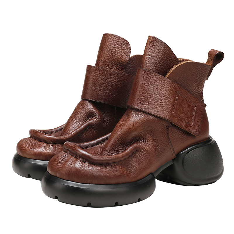 Velcro Closure Chunky Heel British Style Mid-Calf Boots