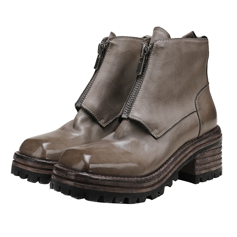 Washed Leather Chunky Heel Martin Boots