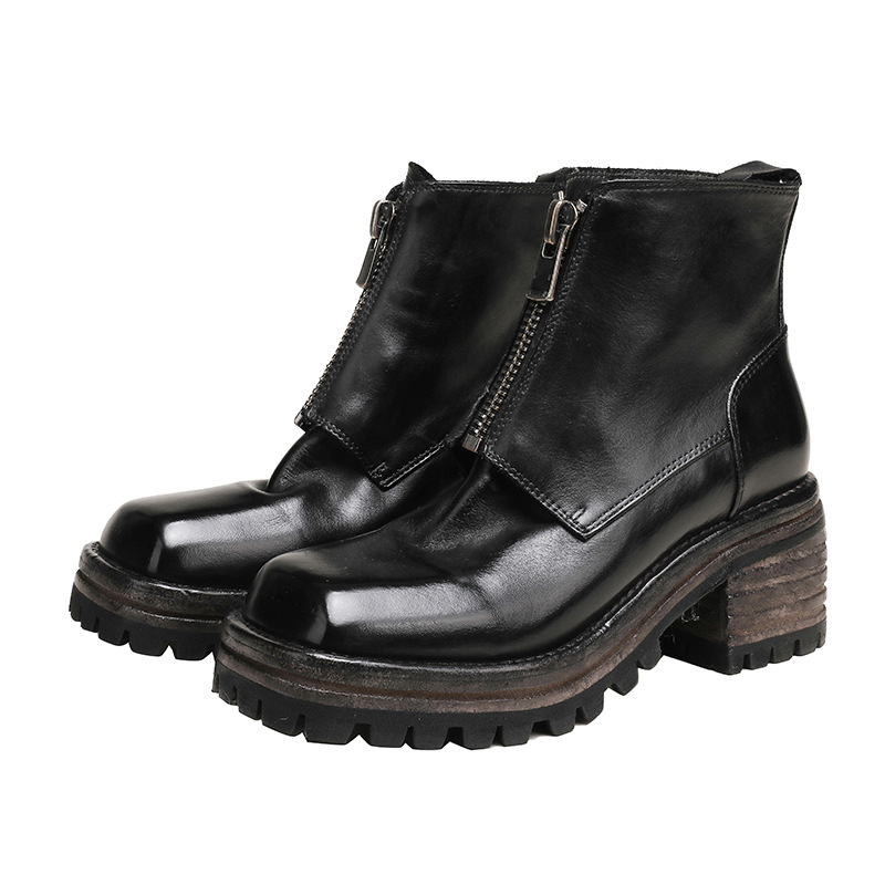Washed Leather Chunky Heel Martin Boots