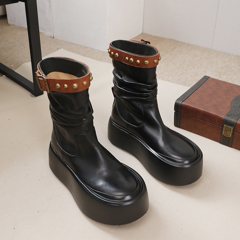 Vintage British Style Premium Leather Simple Soft Upper Studded Mid-Calf Women's Boots