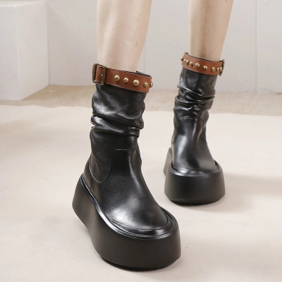 Vintage British Style Premium Leather Simple Soft Upper Studded Mid-Calf Women's Boots 02