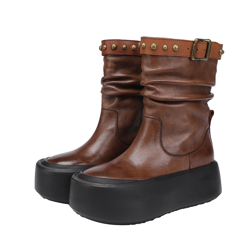 Vintage British Style Premium Leather Simple Soft Upper Studded Mid-Calf Women's Boots