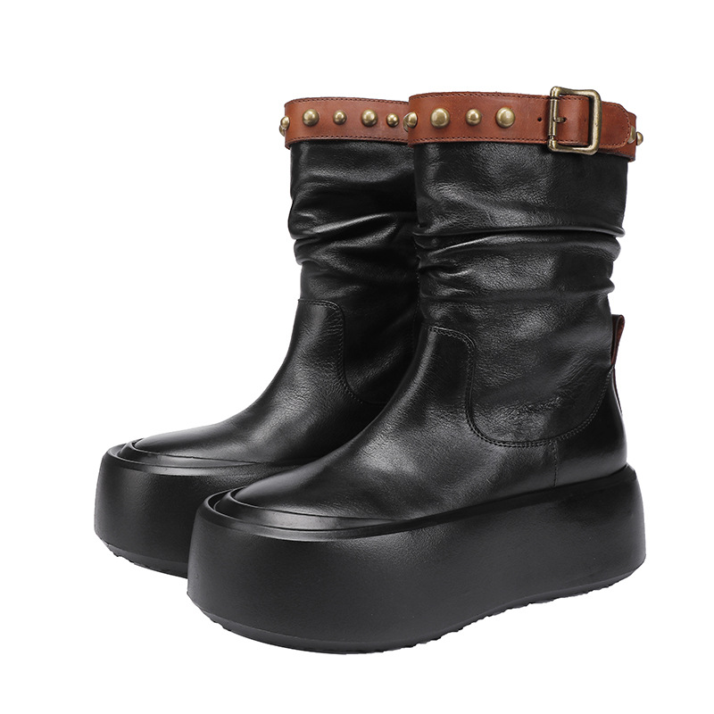 Vintage British Style Premium Leather Simple Soft Upper Studded Mid-Calf Women's Boots