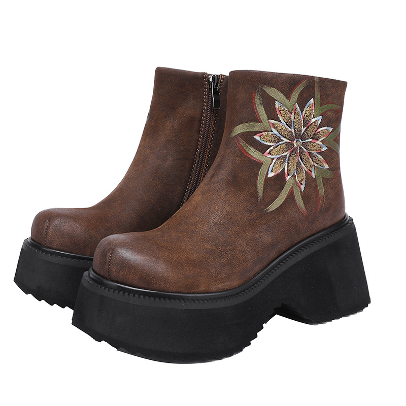 Vintage Embroidered Leather Boots with Thick Soles