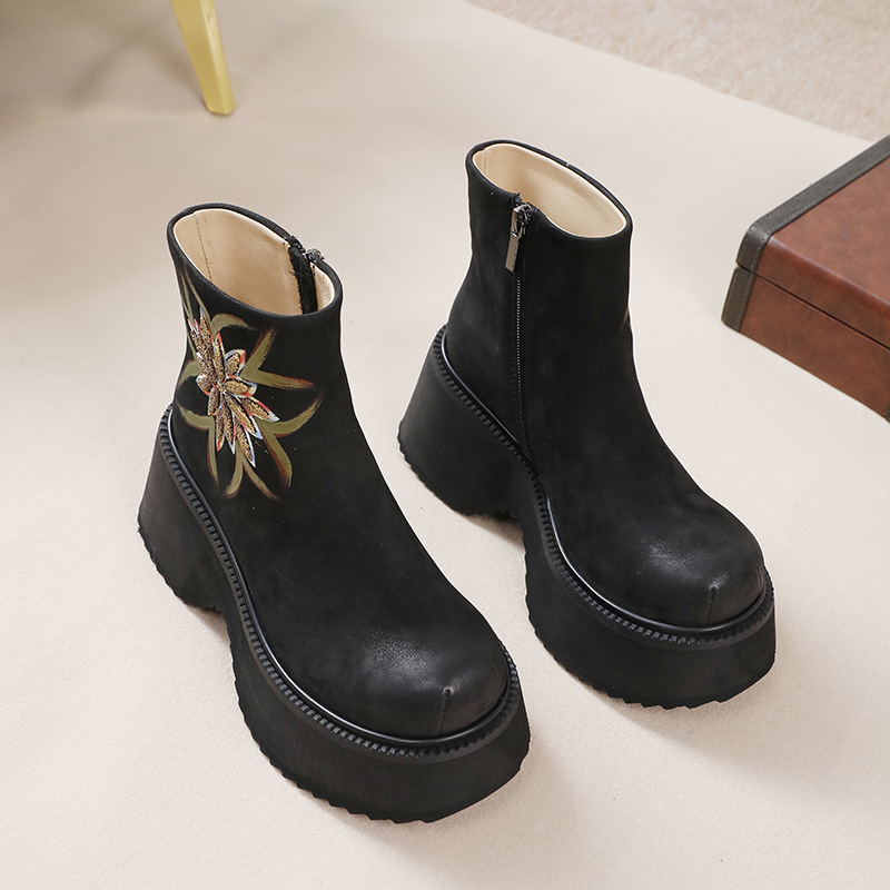 Vintage Embroidered Leather Boots with Thick Soles