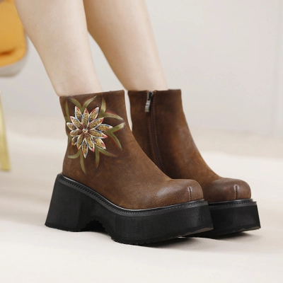 Vintage Embroidered Leather Boots with Thick Soles 01
