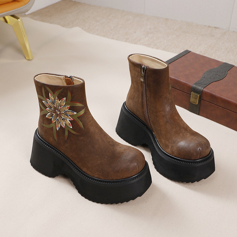 Vintage Embroidered Leather Boots with Thick Soles