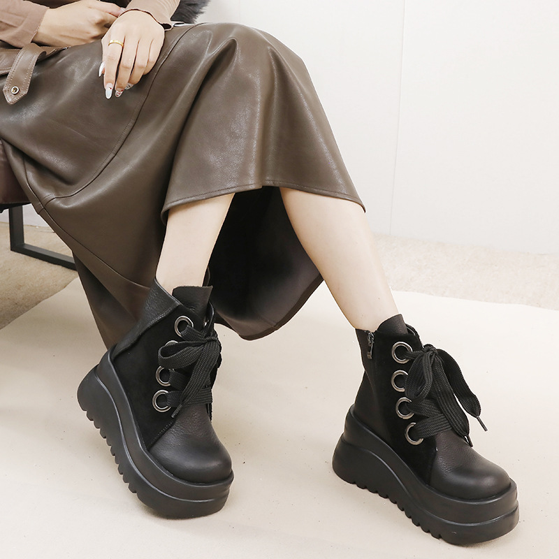 Lace-Up Martin Boots with Thick Soles, Soft and Lightweight Cowhide Leather Short Boots