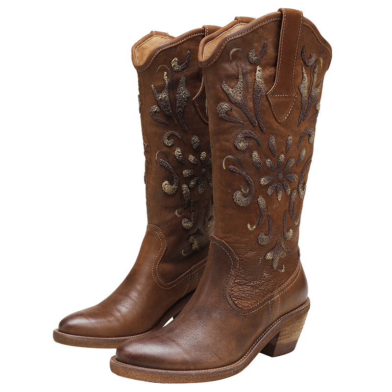 Western Cowboy Vintage Genuine Leather Embroidered Riding Boots
