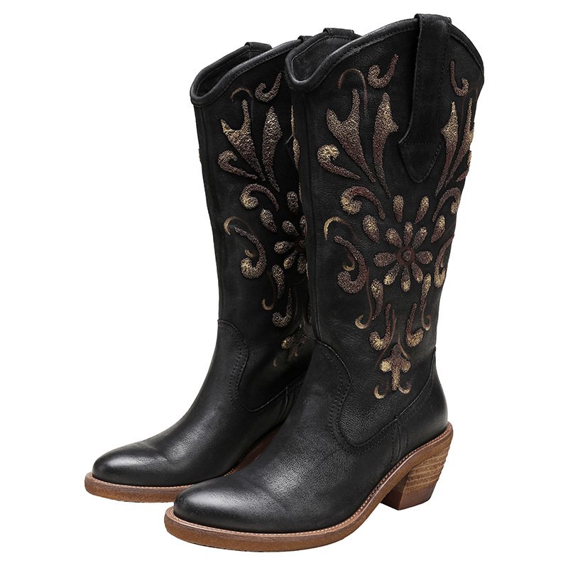 Western Cowboy Vintage Genuine Leather Embroidered Riding Boots