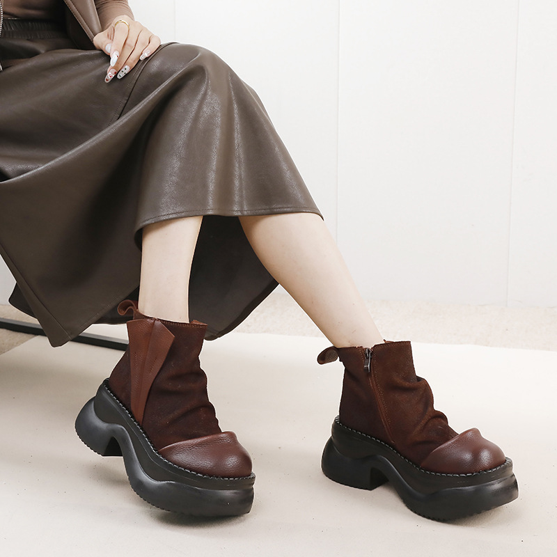 Top Grain Leather Color-blocked Thick Sole Lightweight Foam Sole Plus Size Women's Shoes