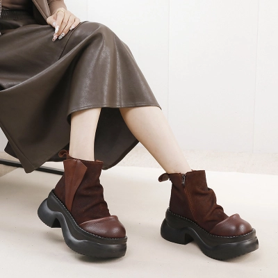 Top Grain Leather Color-blocked Thick Sole Lightweight Foam Sole Plus Size Women's Shoes 01