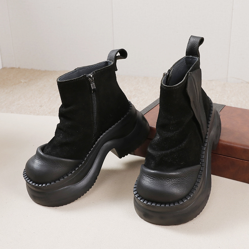 Top Grain Leather Color-blocked Thick Sole Lightweight Foam Sole Plus Size Women's Shoes