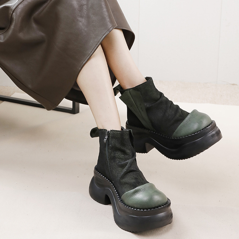 Top Grain Leather Color-blocked Thick Sole Lightweight Foam Sole Plus Size Women's Shoes