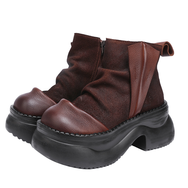 Top Grain Leather Color-blocked Thick Sole Lightweight Foam Sole Plus Size Women's Shoes