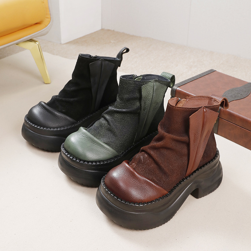 Top Grain Leather Color-blocked Thick Sole Lightweight Foam Sole Plus Size Women's Shoes