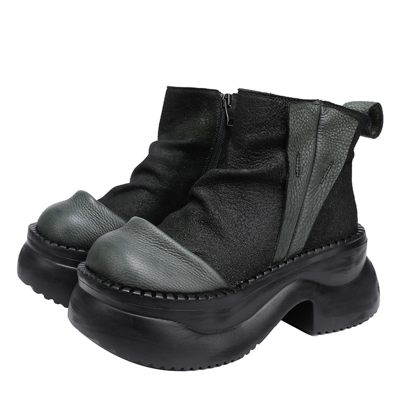 Top Grain Leather Color-blocked Thick Sole Lightweight Foam Sole Plus Size Women's Shoes