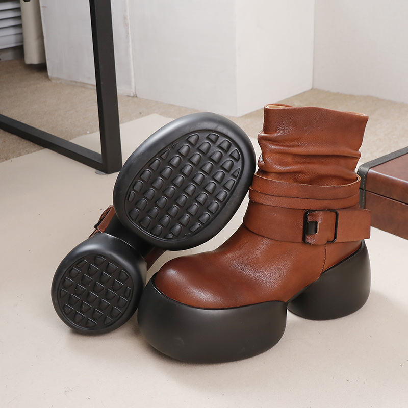 Vintage Thick Heel Platform Genuine Leather High Heel Pile Boots