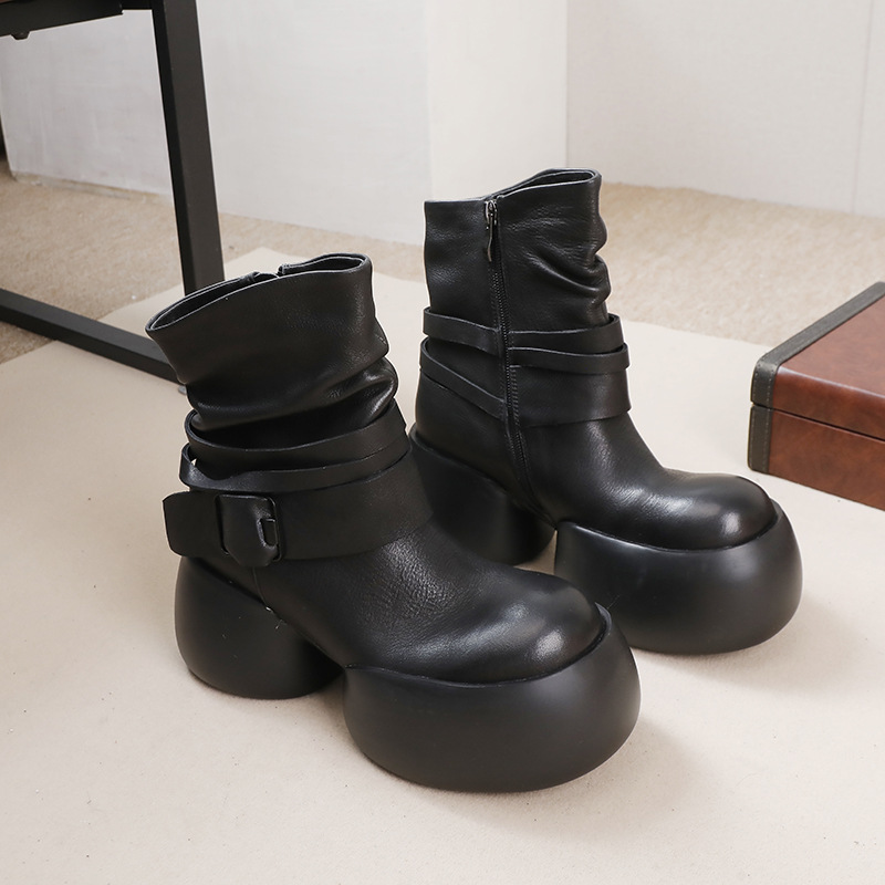 Vintage Thick Heel Platform Genuine Leather High Heel Pile Boots
