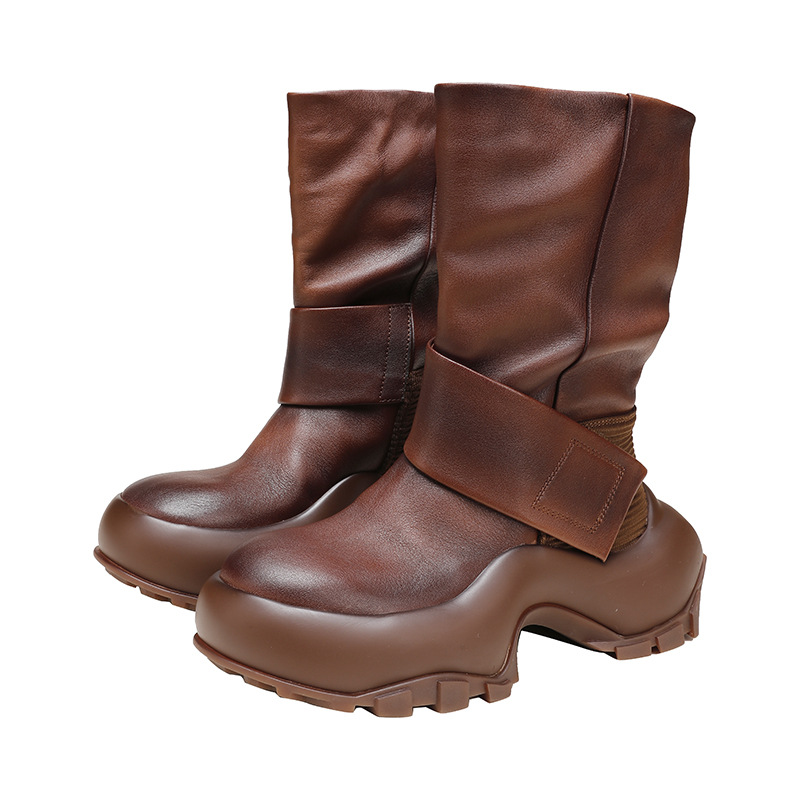 British Style Genuine Leather Comfort Thick Sole Soft Cowhide High Boots