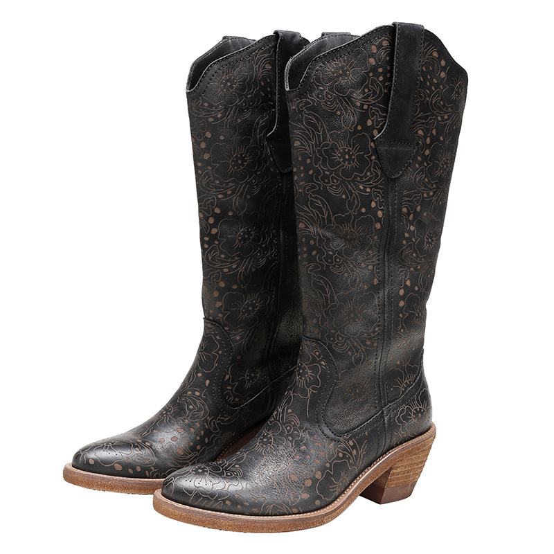 Cowboy Western Style Genuine Leather Hand-Painted Mid-Calf Boots