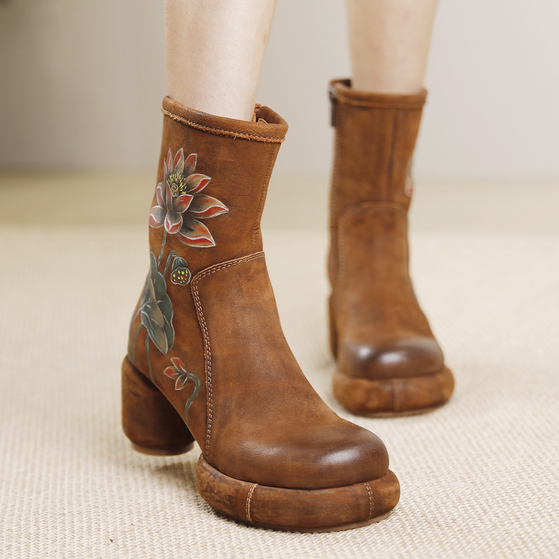 Vintage Patina Hand-Painted Thick Heel Boots