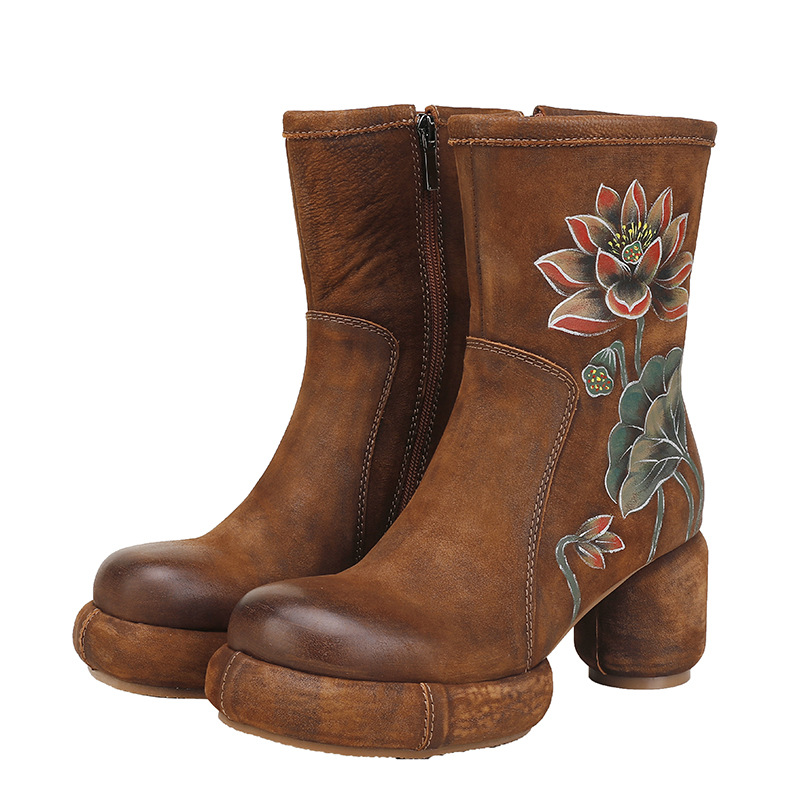 Vintage Patina Hand-Painted Thick Heel Boots