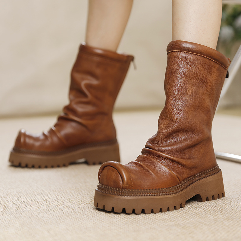 Vintage Wrinkled Long Boots with Wedge Thick Sole