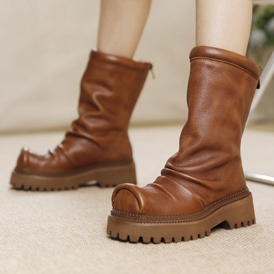 Vintage Wrinkled Long Boots with Wedge Thick Sole 02