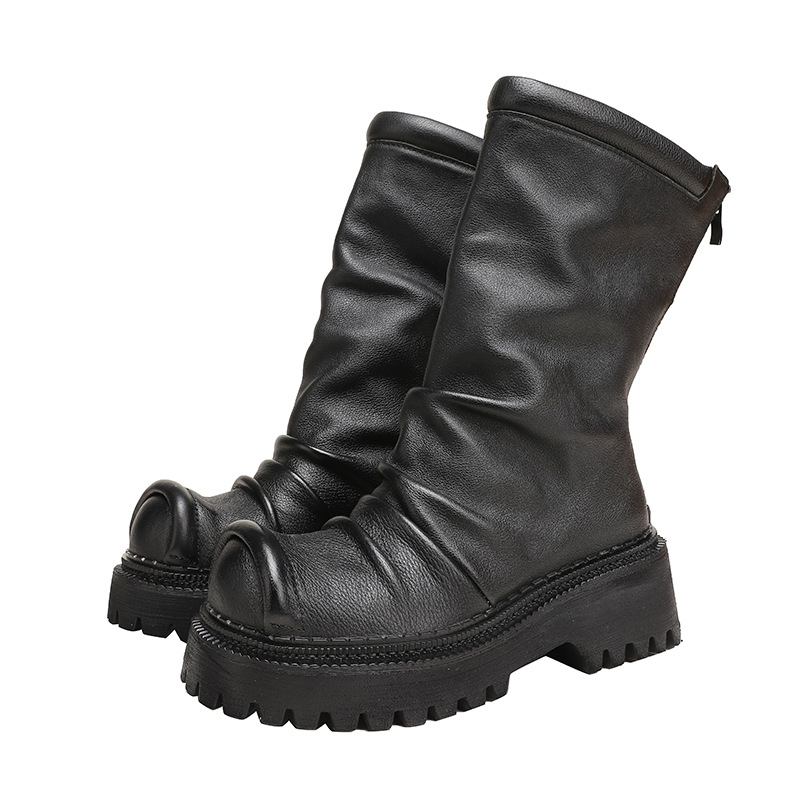Vintage Wrinkled Long Boots with Wedge Thick Sole