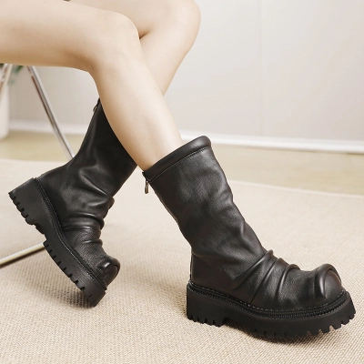 Vintage Wrinkled Long Boots with Wedge Thick Sole 01