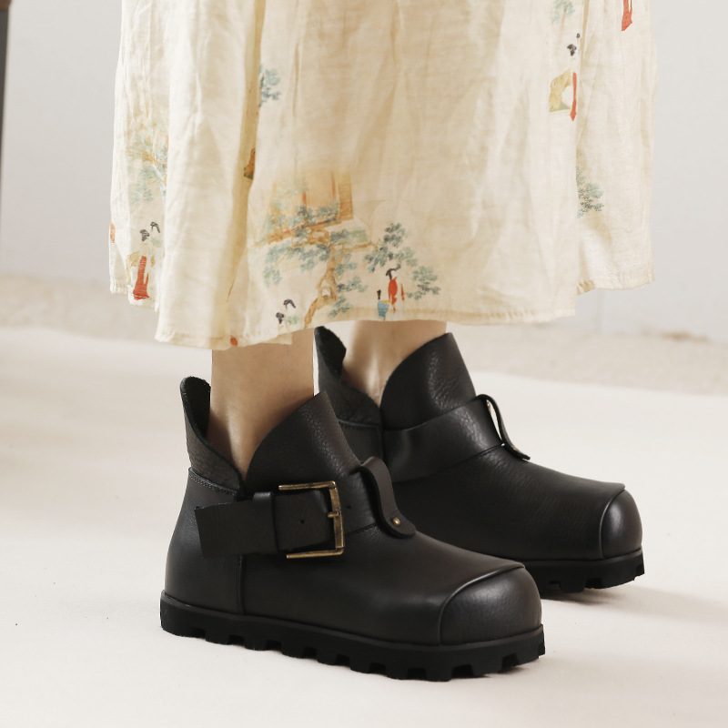 Hidden Heel Lightweight Flat Sole Vintage Casual Top Grain Leather Short Boots