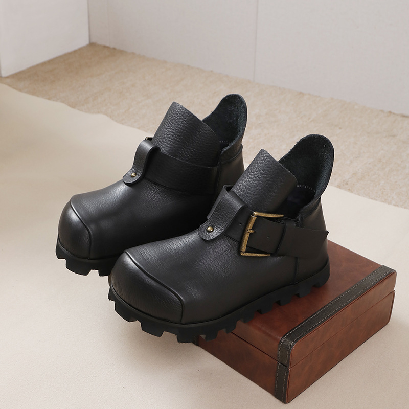 Hidden Heel Lightweight Flat Sole Vintage Casual Top Grain Leather Short Boots