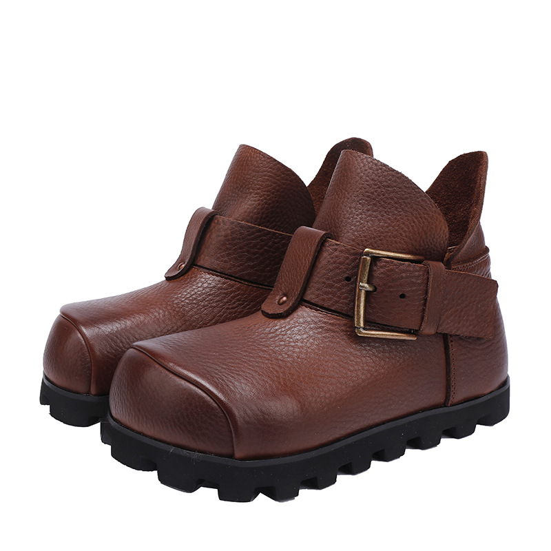 Hidden Heel Lightweight Flat Sole Vintage Casual Top Grain Leather Short Boots