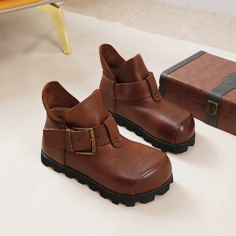 Hidden Heel Lightweight Flat Sole Vintage Casual Top Grain Leather Short Boots