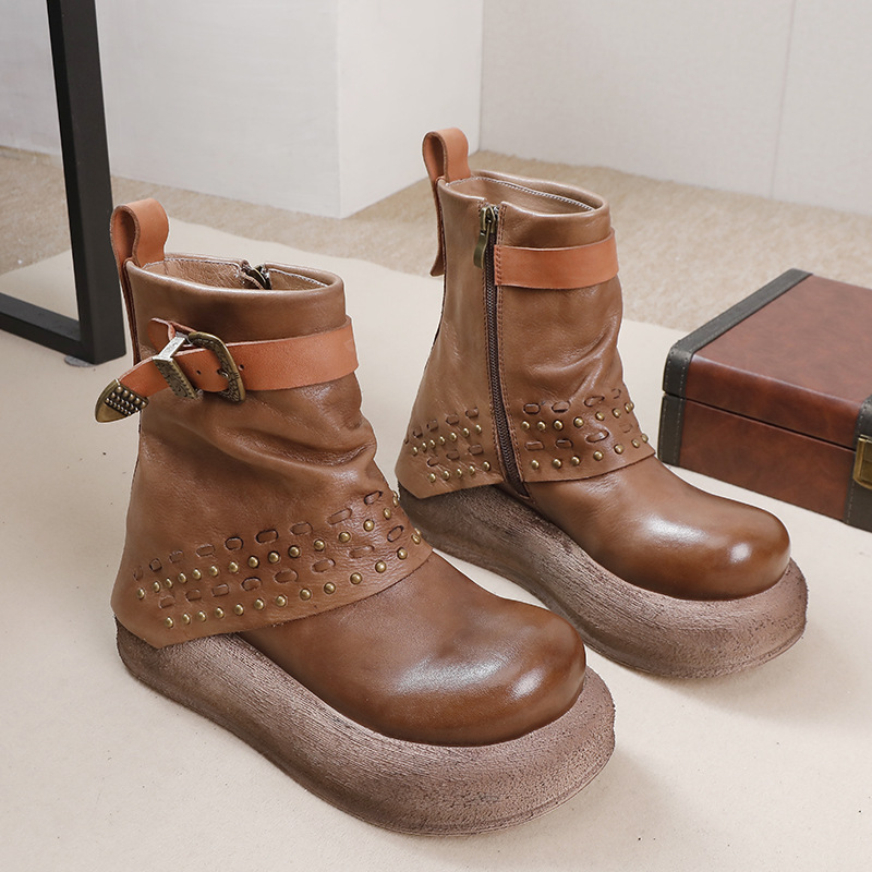 Top Grain Leather Studs Thick Sole Vintage Fashion Boots Short Boots for Men & Women