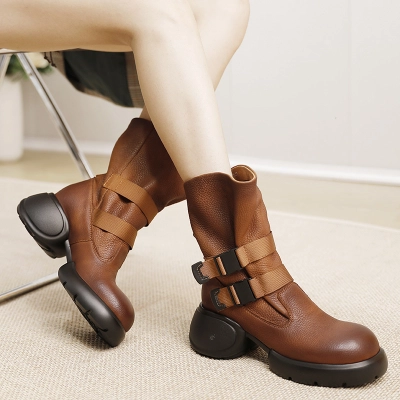 Vintage Genuine Leather Thick Sole Mid-Calf Boots 02