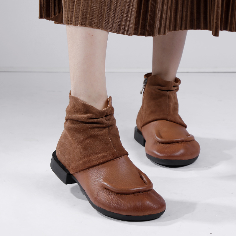 Vintage Top Grain Leather Soft Leather Flat Comfort Short Boots