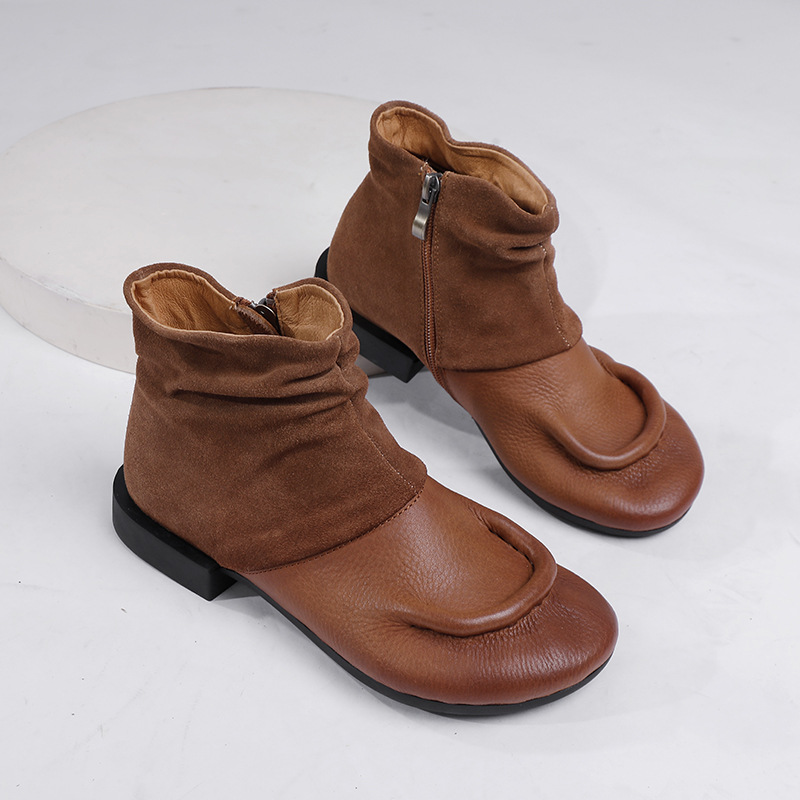 Vintage Top Grain Leather Soft Leather Flat Comfort Short Boots