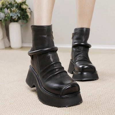 Vintage Washed Genuine Leather Fleece Lined Short Boots 01