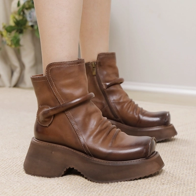 Vintage Washed Genuine Leather Fleece Lined Short Boots 02