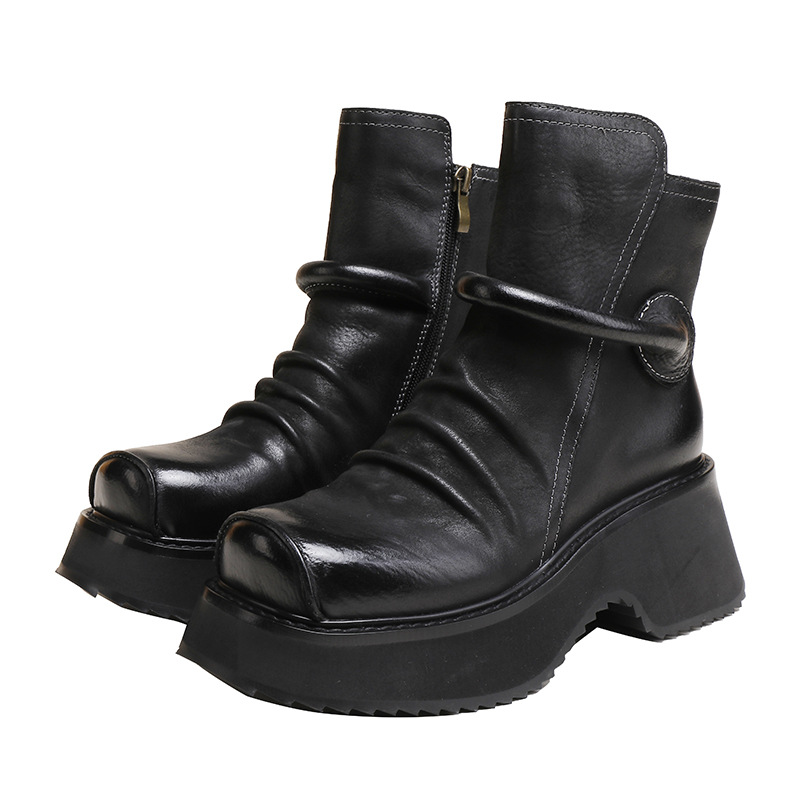 Vintage Washed Genuine Leather Fleece Lined Short Boots