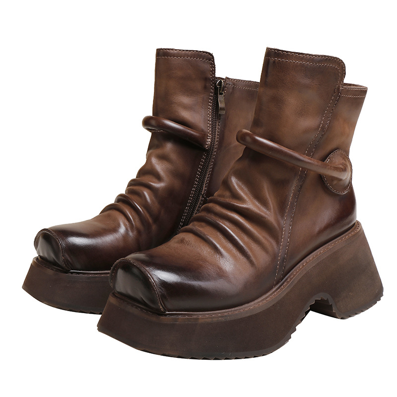 Vintage Washed Genuine Leather Fleece Lined Short Boots