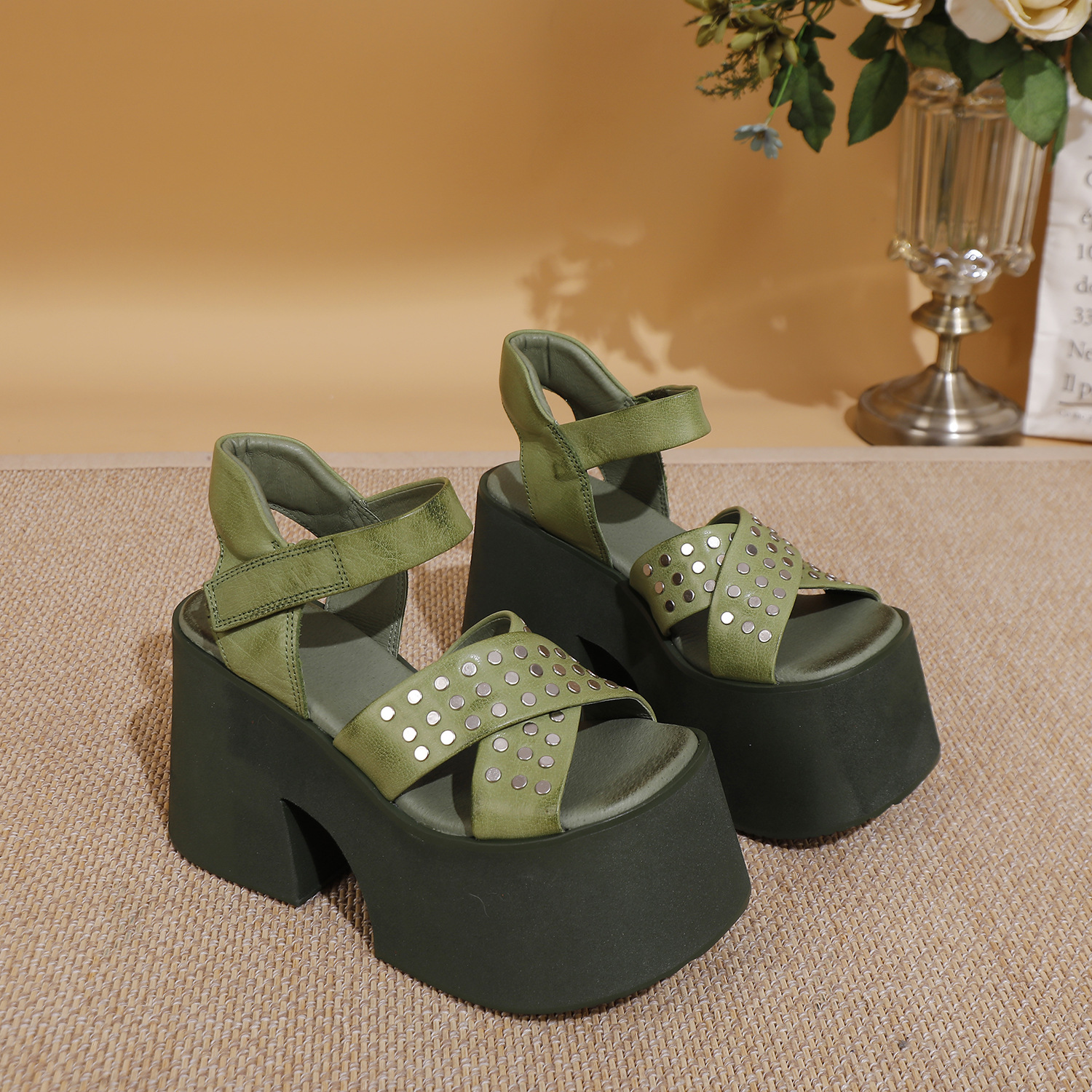 Women's Studded Super High Wedge Sole Platform Roman Sandals for Petite Figures