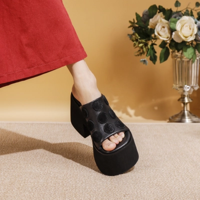 Women's Top Grain Leather Open Toe Mule Sandals – Thick Heel, Lightweight & Unique Design 02