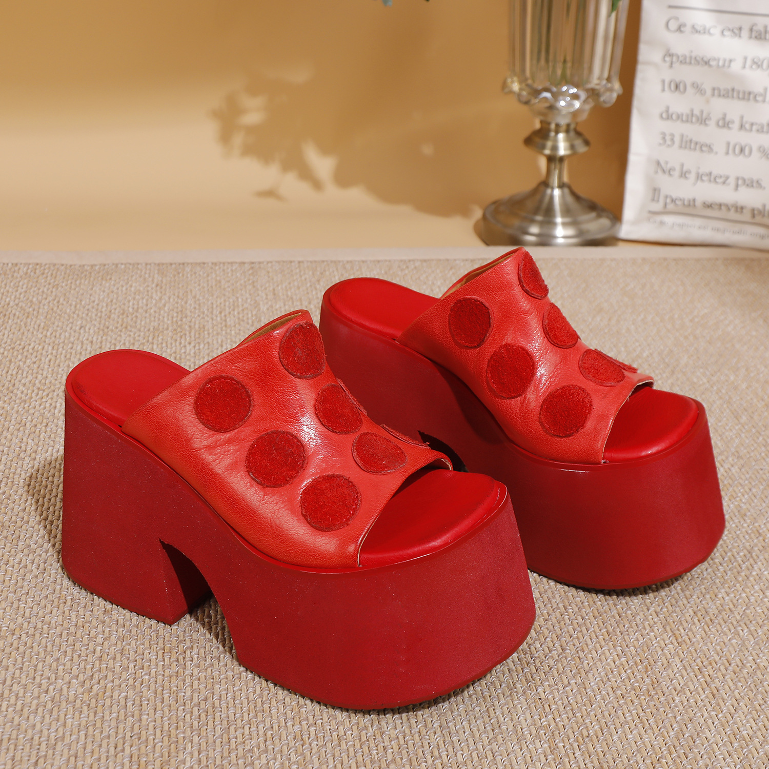 Women's Top Grain Leather Open Toe Mule Sandals – Thick Heel, Lightweight & Unique Design